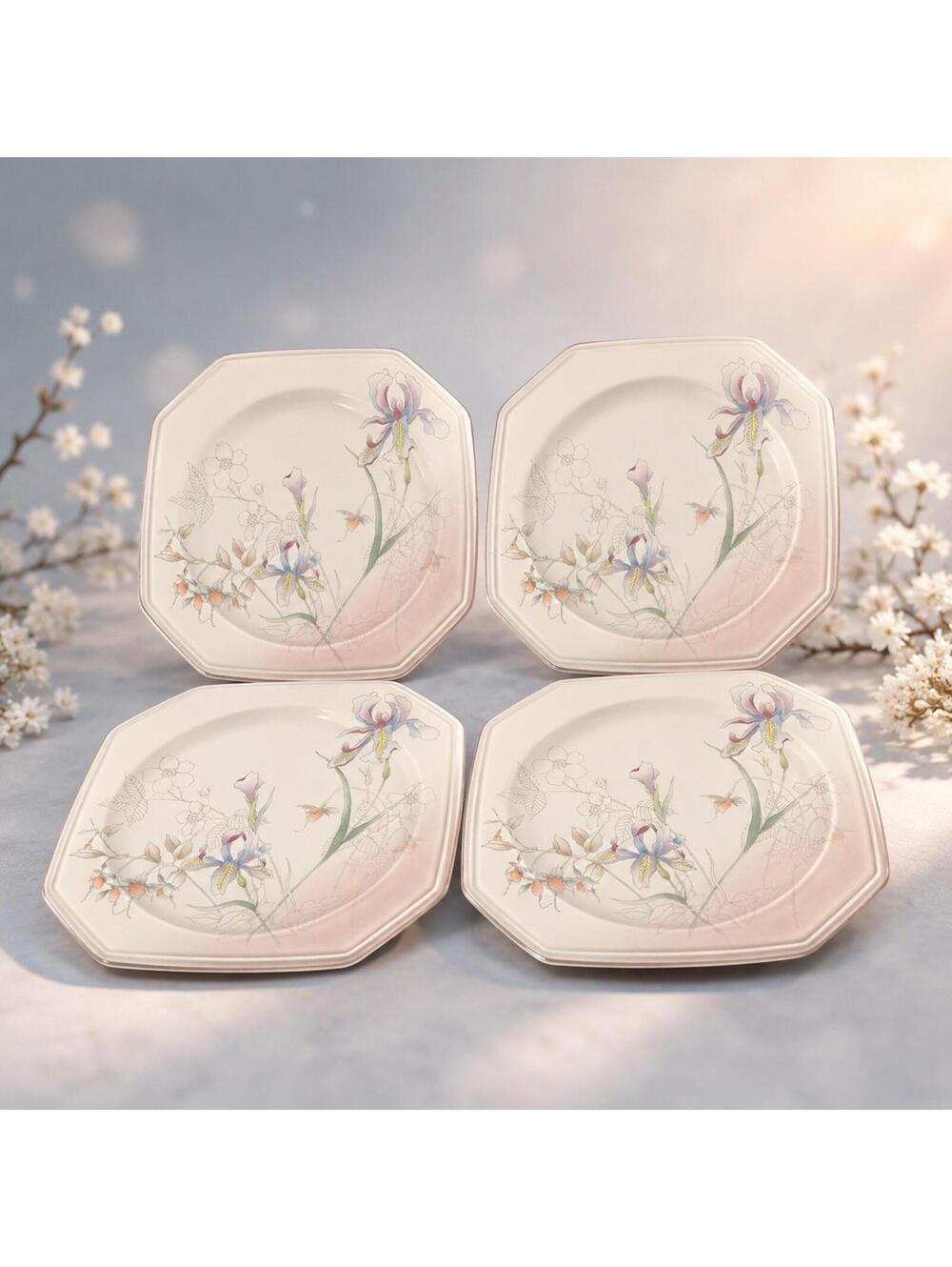 Mikasa Continental 1980s Casa Grande F3011 4 Iris Square Luncheon Plates, 8.5”